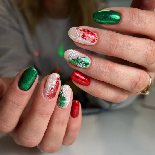 Popular Christmas Red, Green, and White Nails, Snowflakes and Berries