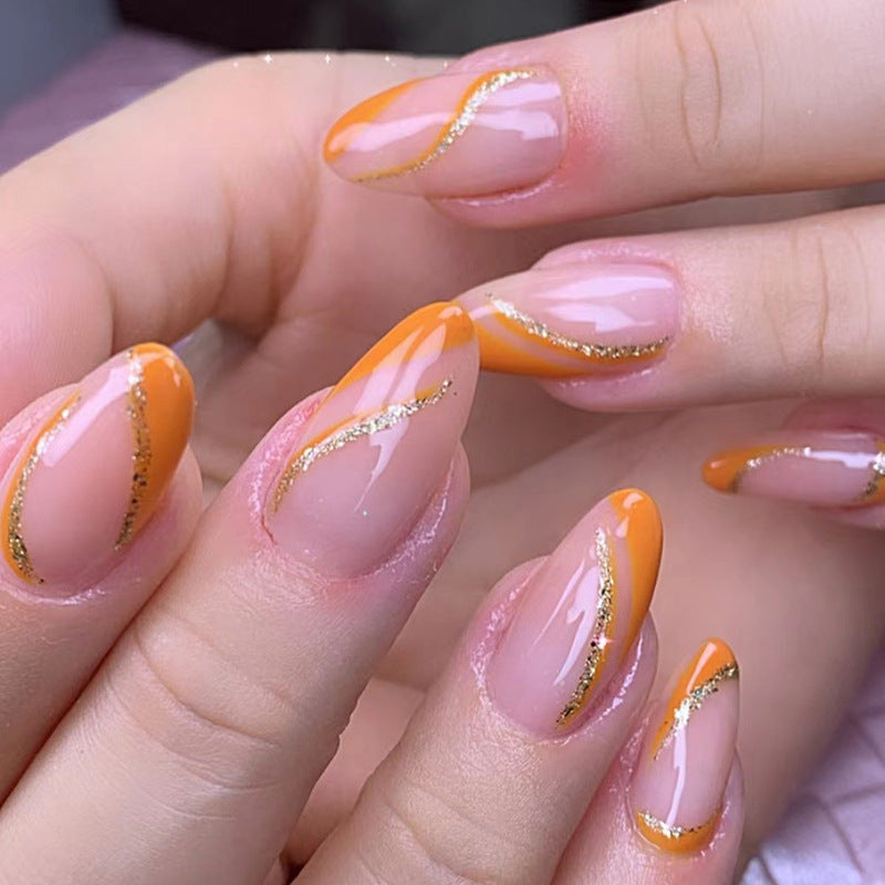 Popular Almond Nails Super Glitter Lines Orange French Edge Fashionable Fake Nails Wholesale