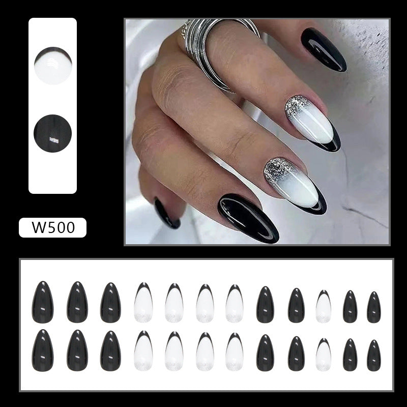 Popular Almond-Shaped Black French Nails, Shiny and Chic