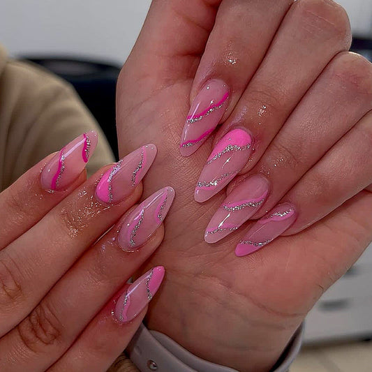 Popular Ready-to-Wear Pink Almond Glitter Wave Line Ins Style Fake Nails