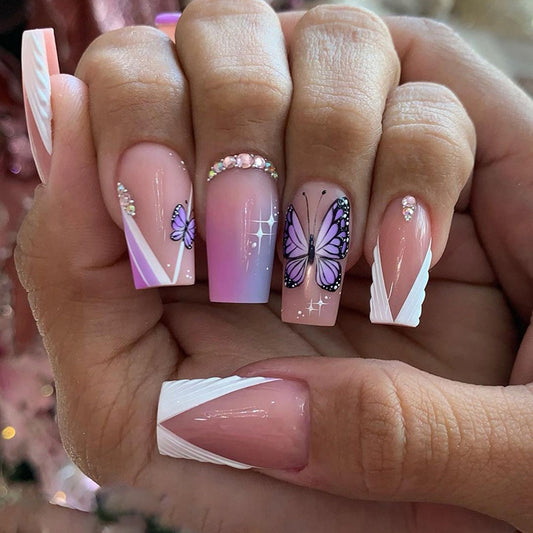 Popular Mid-Length Triangle French Nails with Rhinestones Spring/Summer Butterfly Stars Gradient