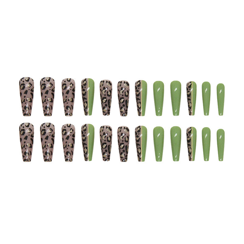 Popular European Ins-Style Long Ballet Olive Green Leopard Nails