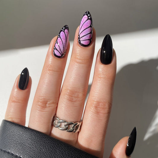 Popular Autumn Winter Almond Gradient Polka Dot Butterfly Wings Detachable Fake Nails-homeunderwear