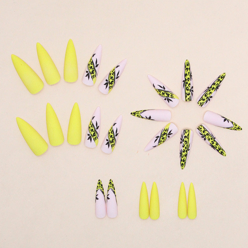 Popular Long Pointed Leopard Print Matte Yellow Nails Ins Style