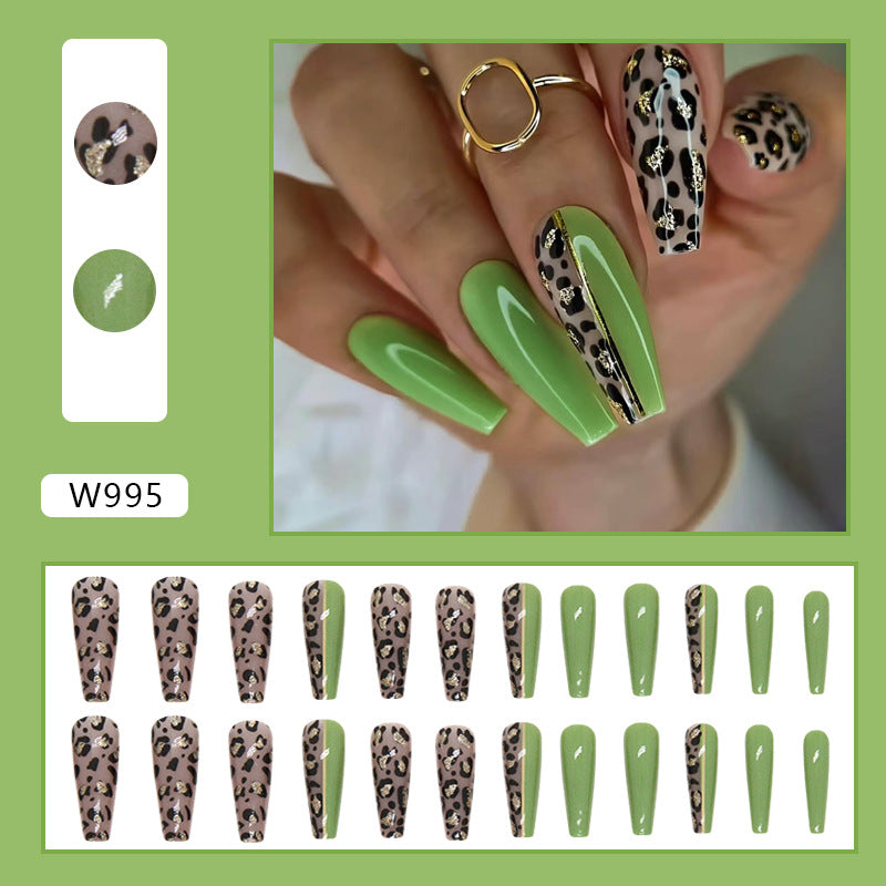 Popular European Ins-Style Long Ballet Olive Green Leopard Nails