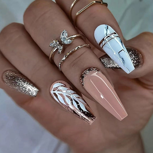 Popular Long Ballet Gold Glitter Champagne Tree Nails Chic Ins-Style