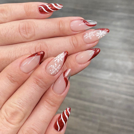 Popular Christmas Almond French Red White Striped Glitter Snowflake Detachable Fake Nails