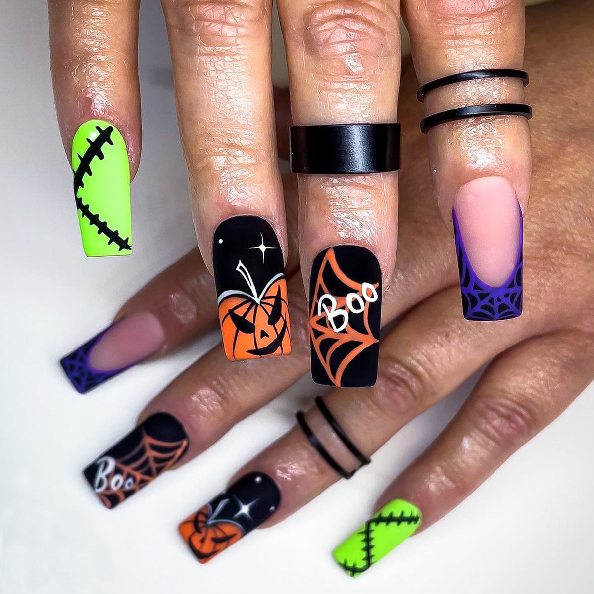 Halloween Pumpkin Lantern and Spider Web Nails, Black Patch