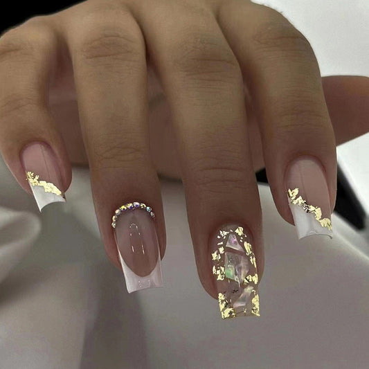 Popular Euro Fashion Mid-Length Square Shell Diamond Nails Gold Foil Triangle French Ins Style