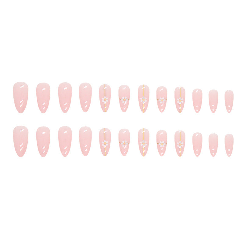 Popular Simple Gold Line Flower Nails Round Almond Pink Sweet 24 Pieces