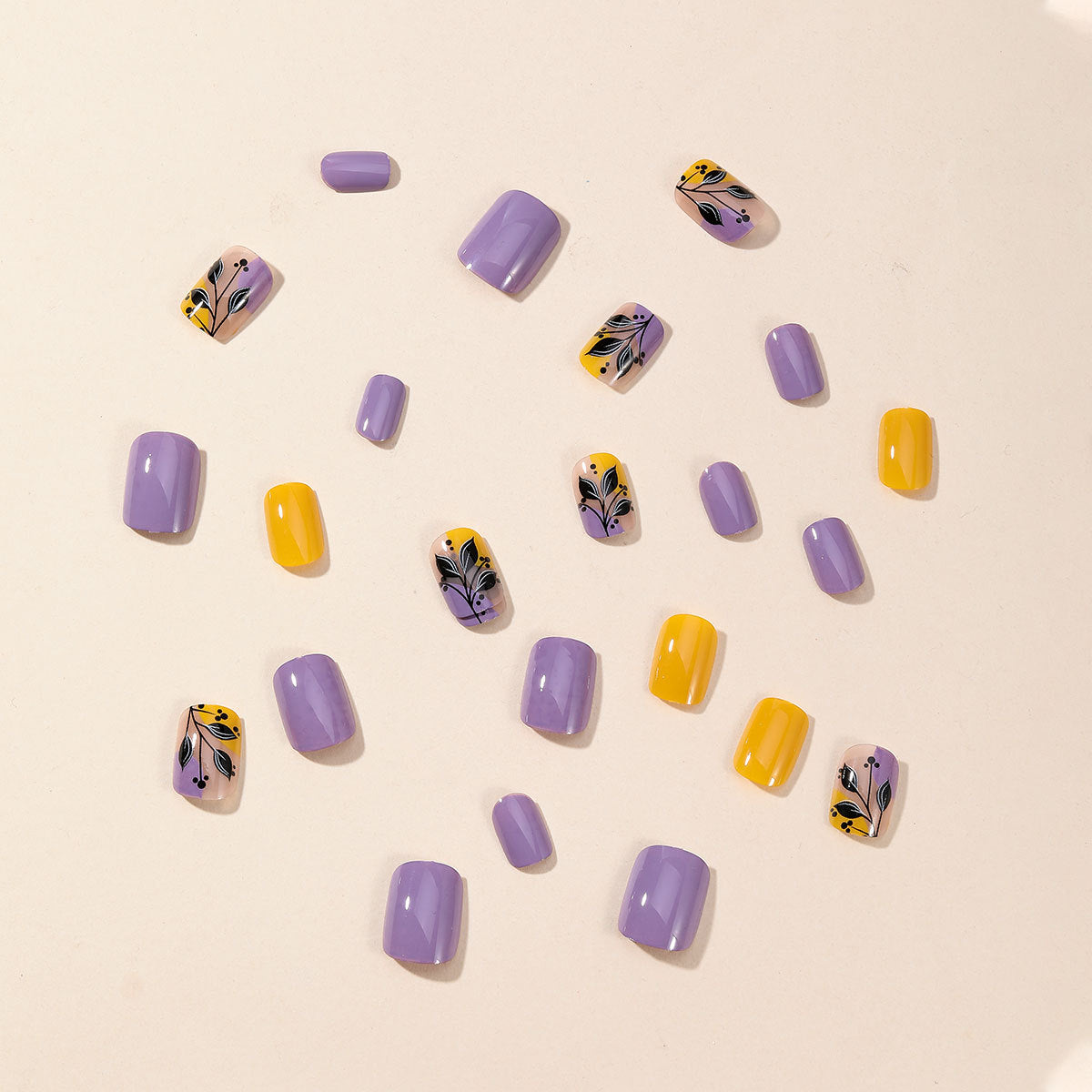 Popular Spring Summer Purple Yellow Floral Print Detachable Fake Nails