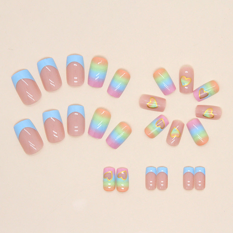 Popular Heart Rainbow French Nails, Mid-Length Square, Cute and Natural, Ins Style