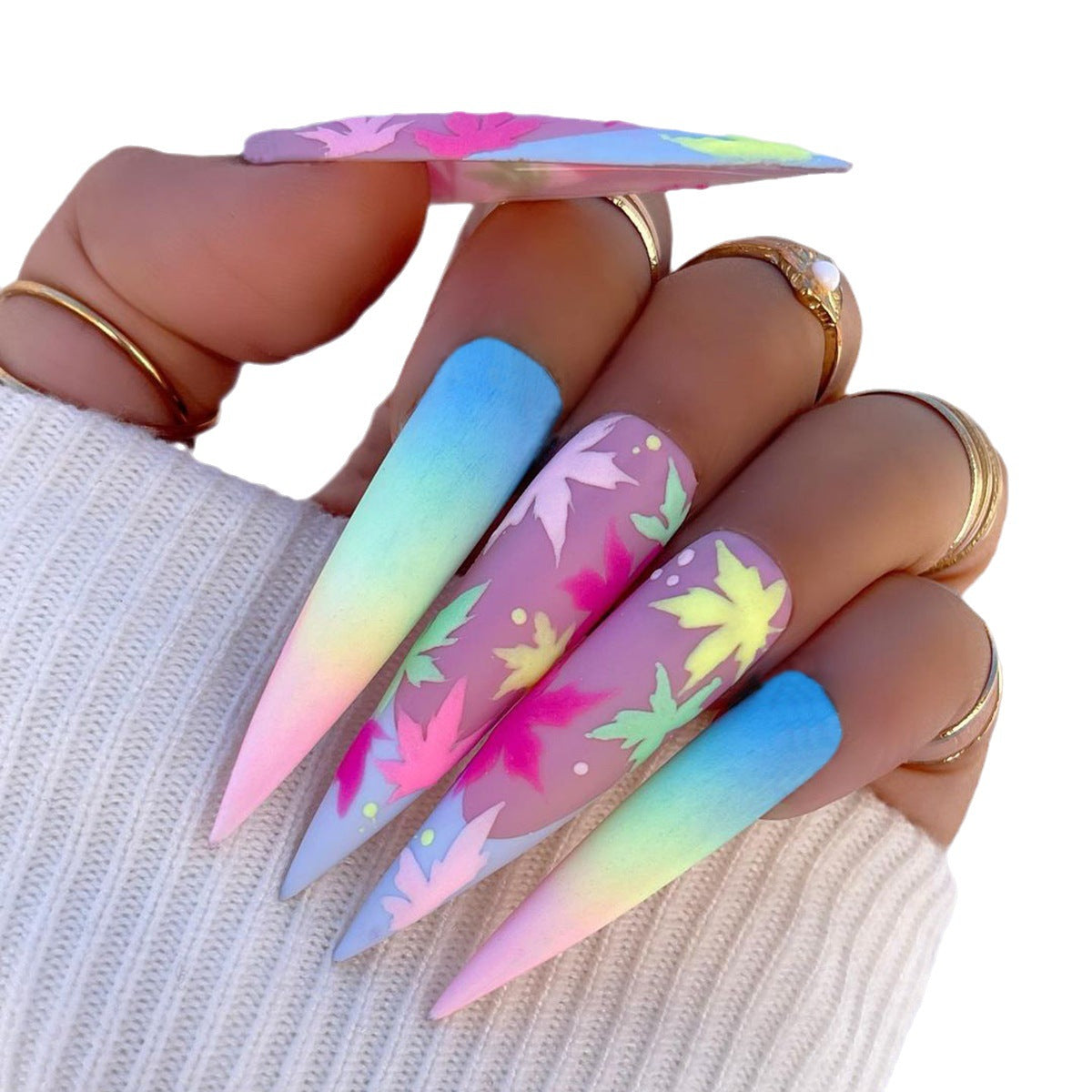 Popular Colorful Maple Leaf Gradient Nails, Long and Pointed