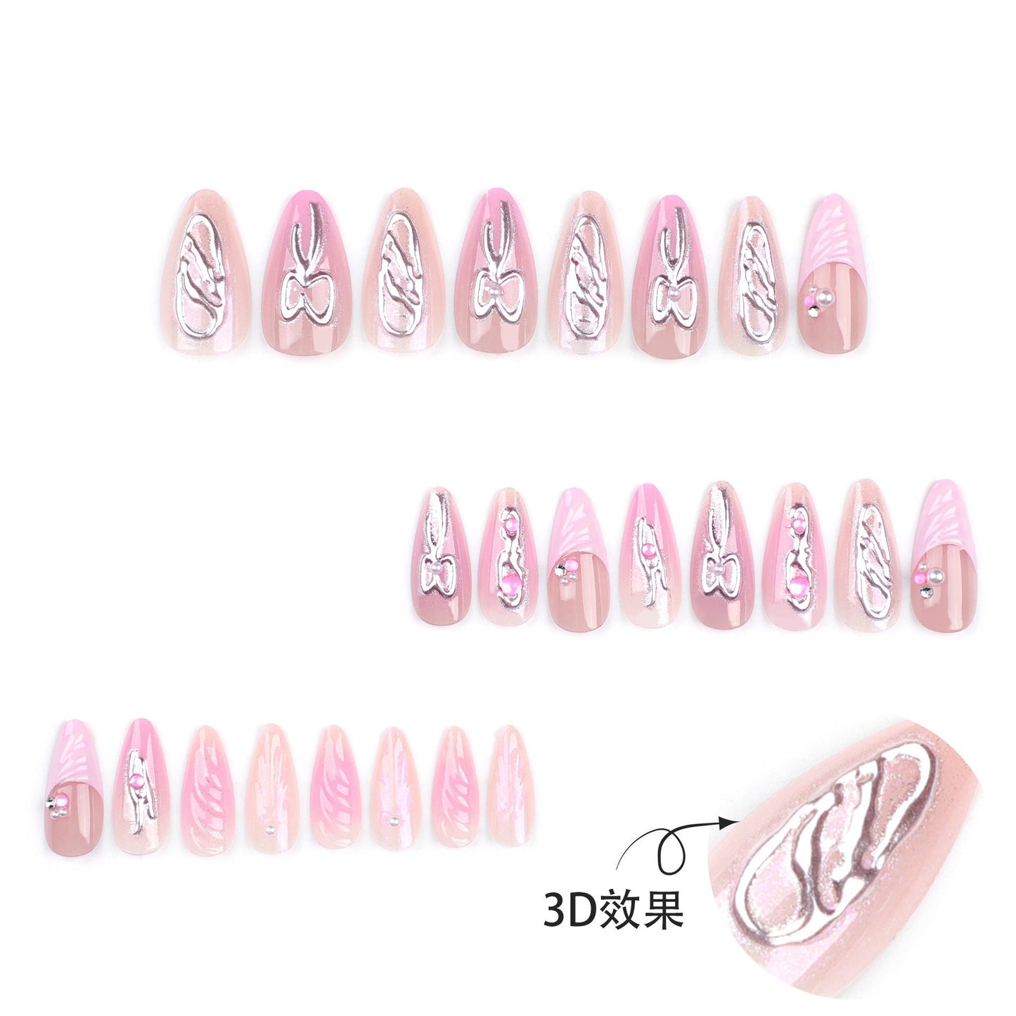 Popular 3D Bow Handmade Mirror Pink Silver Nail Tips-Homeunderwear