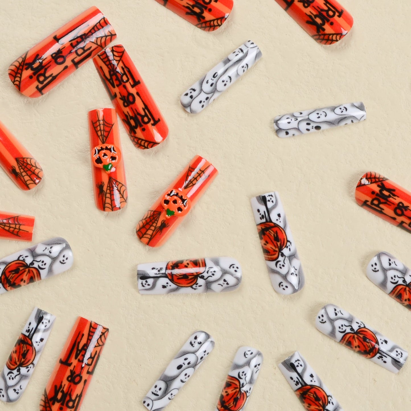 Popular Halloween 3D Pumpkin Smiles and White Ghost Nails