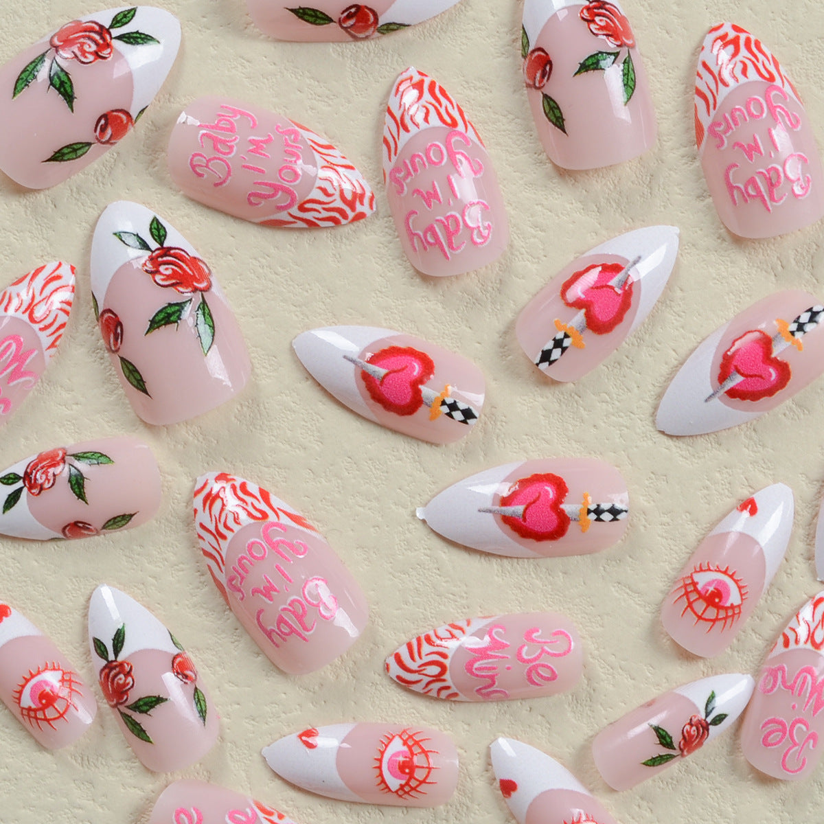 Popular White Edge French Style Valentine's Heart Rose Nails