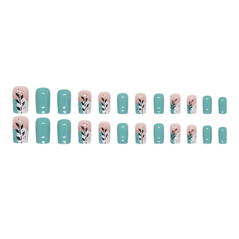 Popular Summer Fresh Mid-Length Nails, Lake Blue with Leaf Design