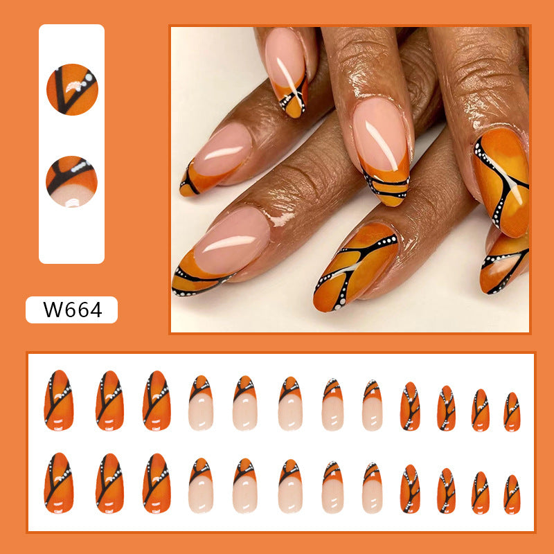 Popular Round Tip Almond Nails, Orange and Black Halloween Design