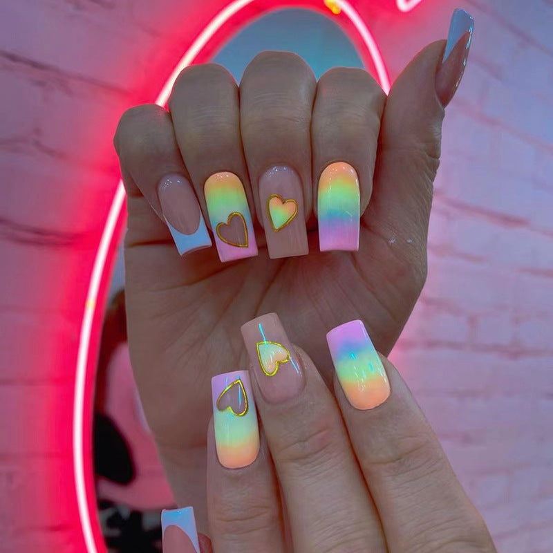 Popular Heart Rainbow French Nails, Mid-Length Square, Cute and Natural, Ins Style