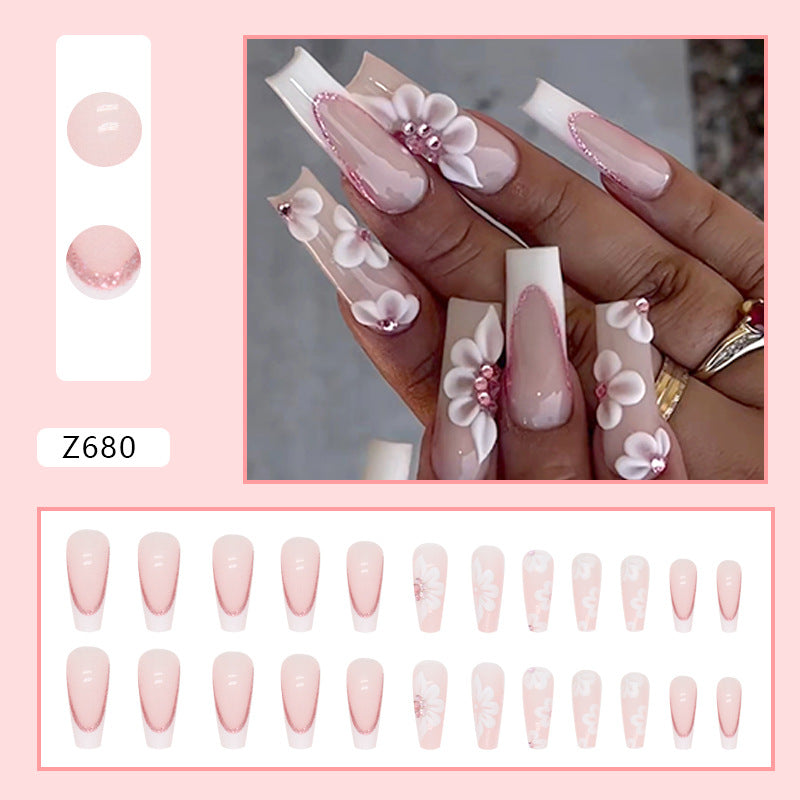 Popular Sweet French Sparkling Diamond Nails Long Ballet 24-Piece Box