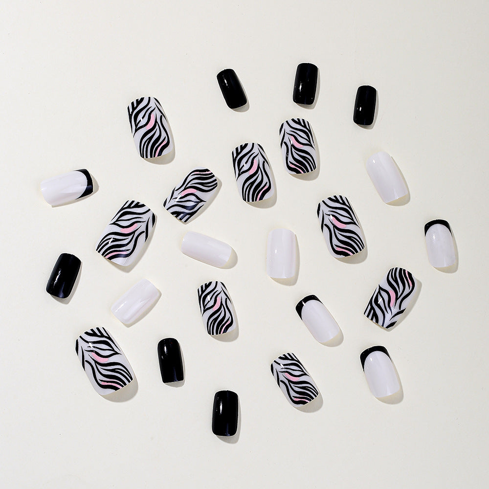 Popular Sweet Cool Black White Zebra French Square Finished Fake Nails