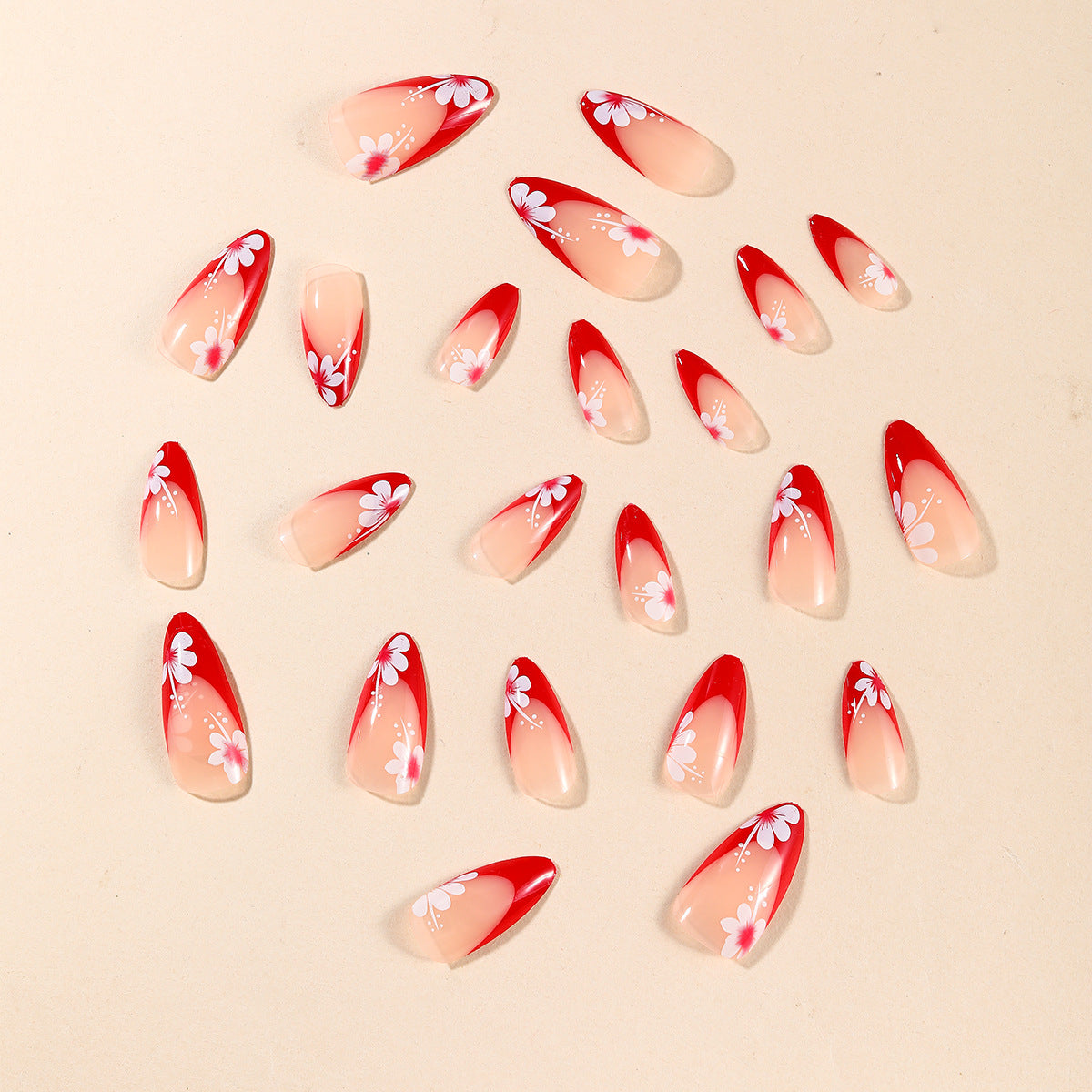 Popular Almond Shaped Red French Edge Red White Flower Print Reusable Fake Nails