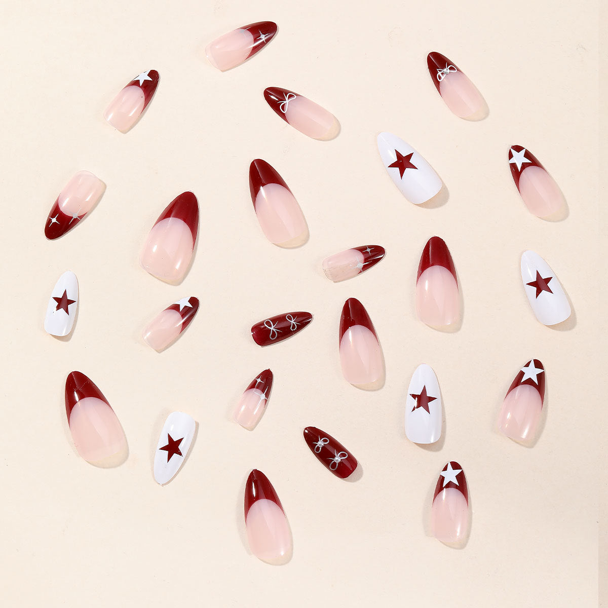 Popular New Arrival Almond Red French Star Bow Detachable Fake Nails