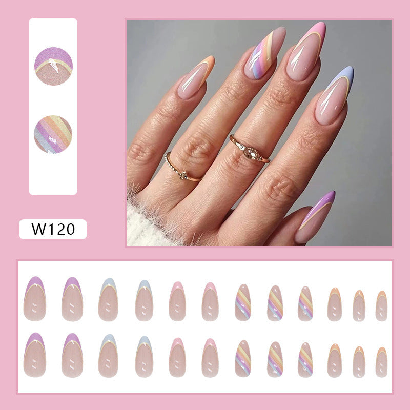 Popular No-Carve Nail Tips Multicolor Striped Waterdrop Nails Wholesale Ready-Made Wearable