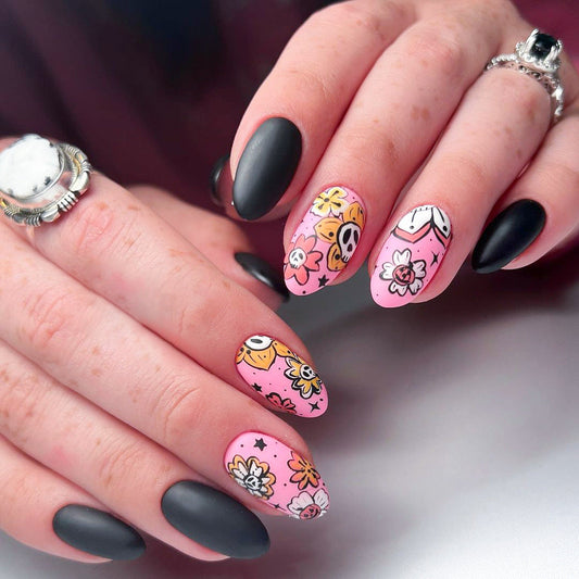 Matte Finish Halloween Nails, Cute Flowers and Skulls