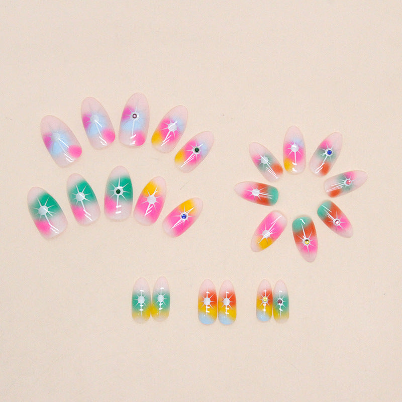 Popular Colorful Rainbow Star Diamond Nails Euro Star Almond Fake Nails Spicy Girl Halloween