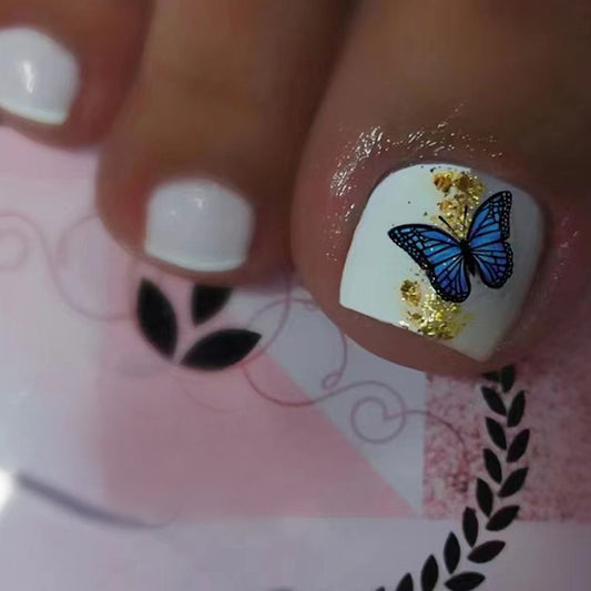 Popular Gold-Powder Blue Butterfly Toe Nails, Simple French and Feminine