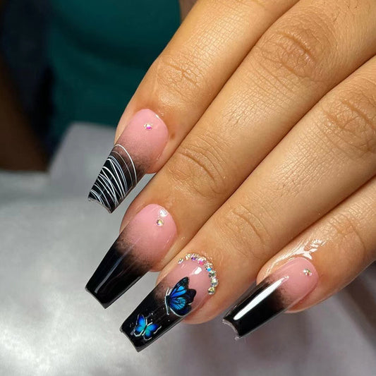 Popular Black Gradient Medium-Length Ballet Nails, Mysterious Butterfly Design