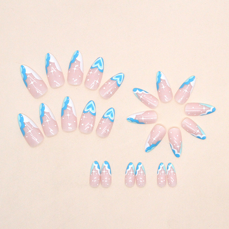 Popular Cool Summer Lake Blue Heart French Almond Nails Ins-Style