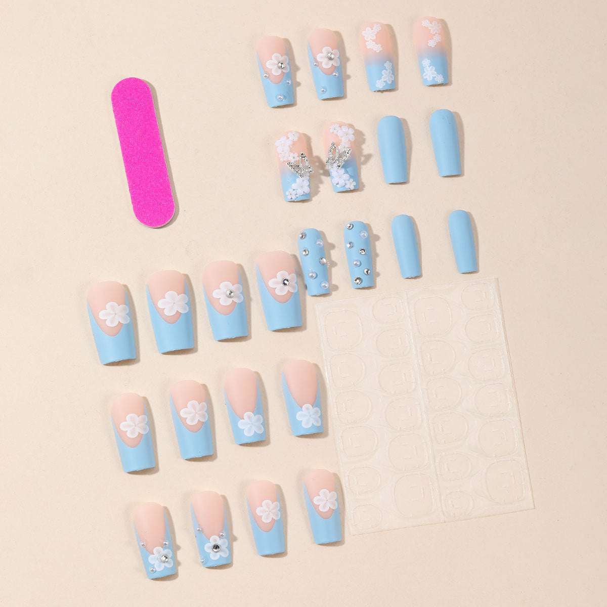 Popular Sky Blue Flower Pearl 5-Petal 3D Butterfly Fresh Fake Nails