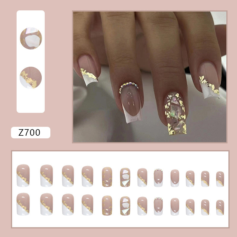 Popular Euro Fashion Mid-Length Square Shell Diamond Nails Gold Foil Triangle French Ins Style