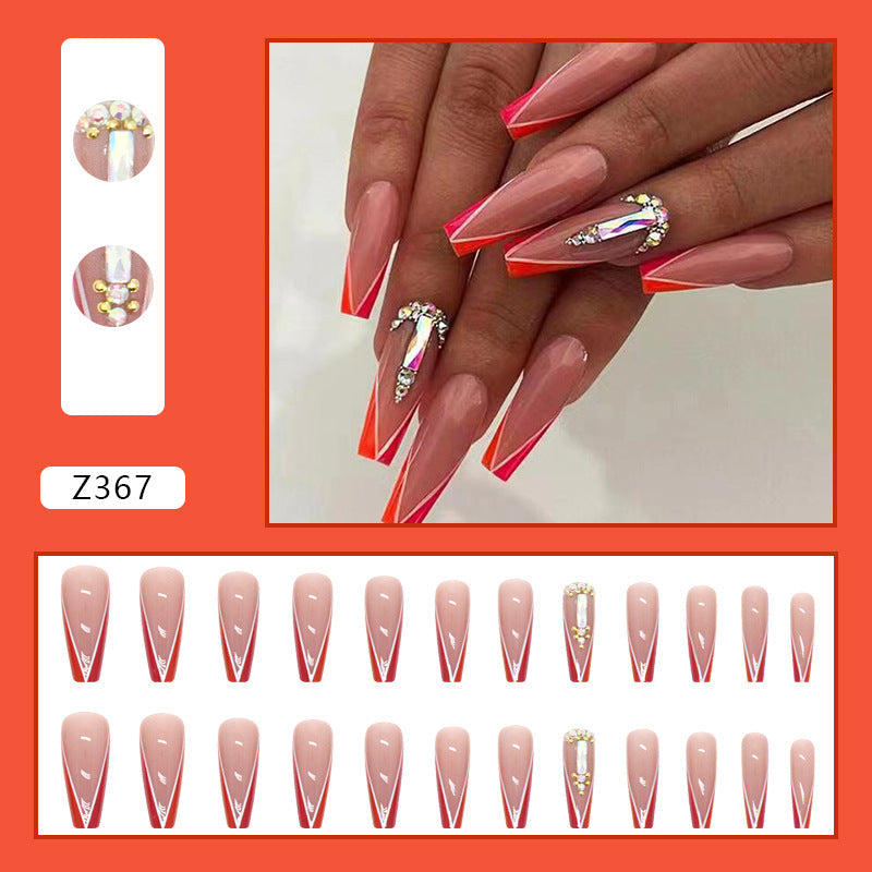 Popular Long Ballet Nails Aurora Square Diamond Dual-Color Edge Orange Red