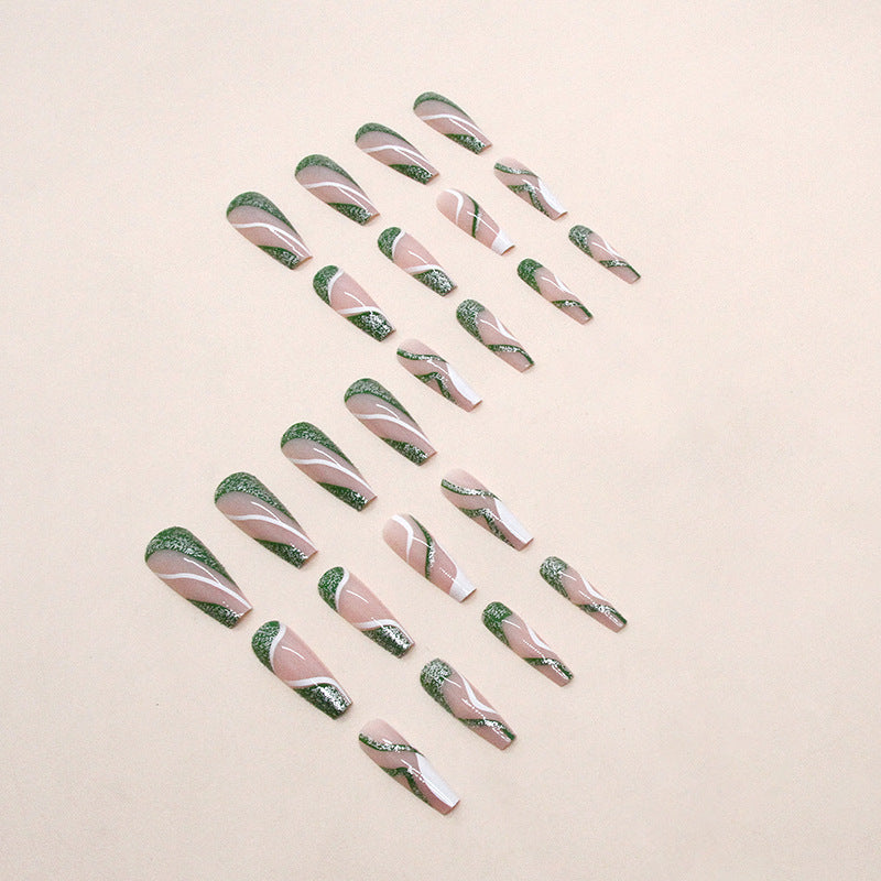 Popular Long Ballet Green Flash Wave Nails Sweet Fashion