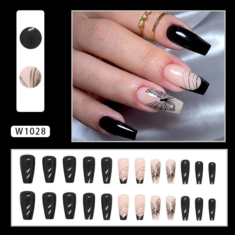 Popular Mid-Length Solid Black Butterfly Nails Striped Glitter French