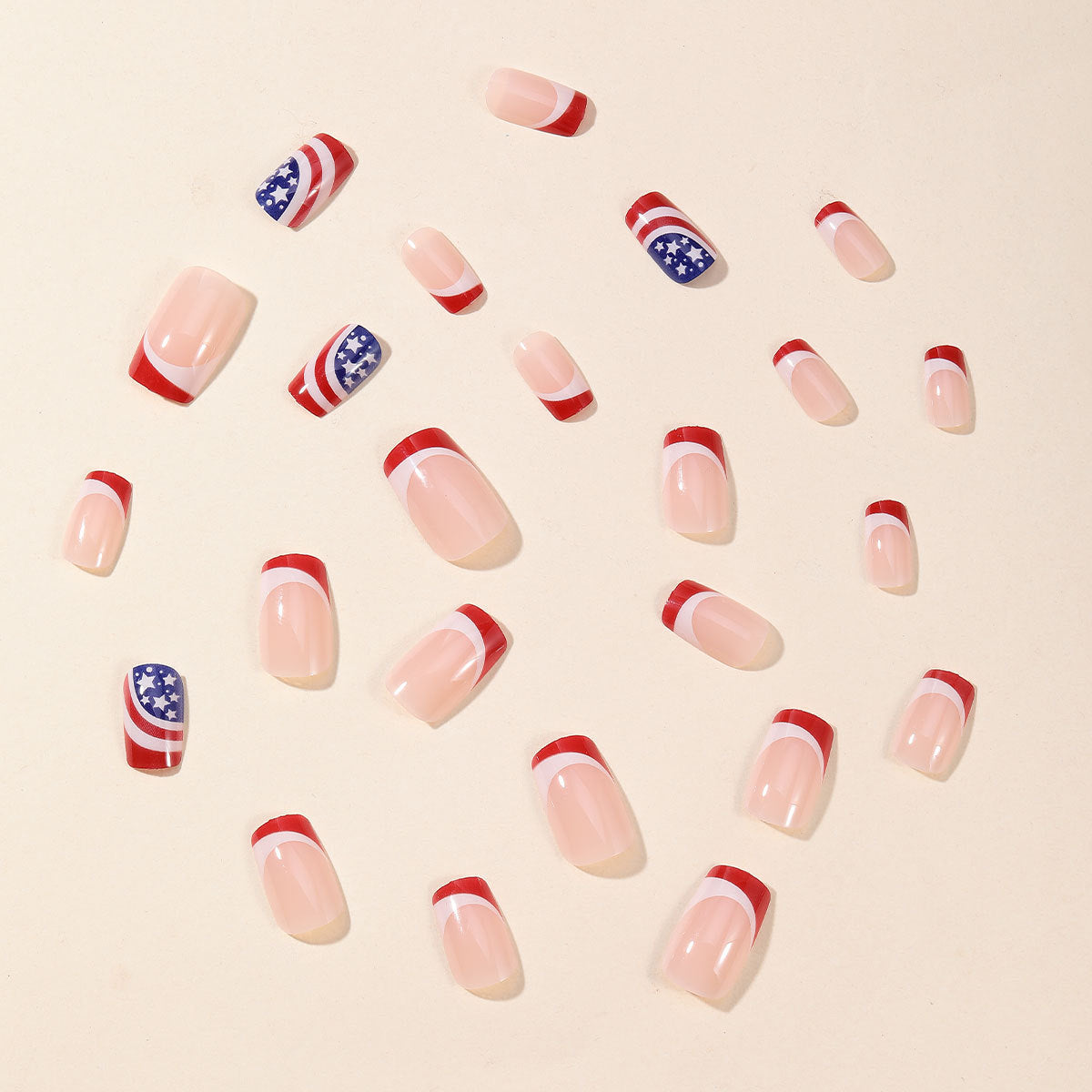 Popular Independence Day Wear Nail Square Red White Blue Stars and Stripes Design Removable Finished Fake Nails