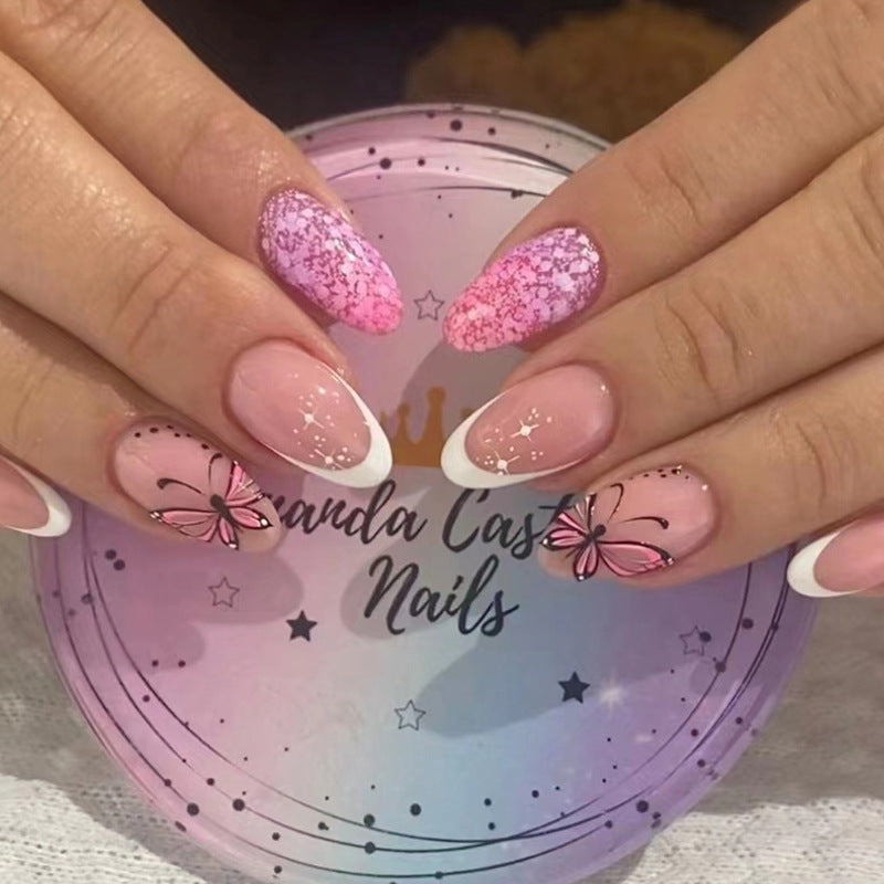 Popular Sweet French Nails with Butterflies and Stars