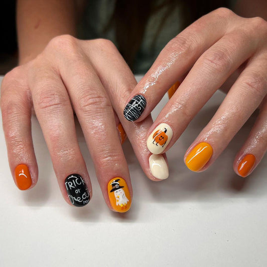 Popular Halloween Cute Pumpkin and White Ghost Nails