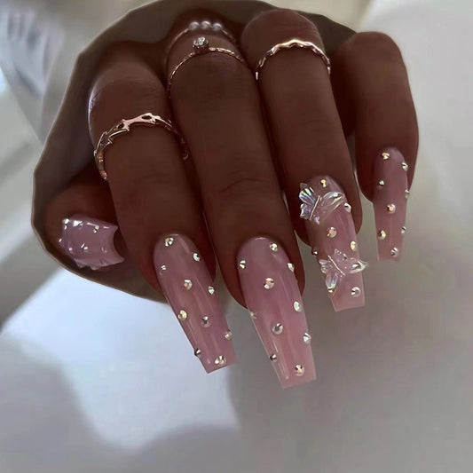 Popular Long Ballet Pink Crystal Butterfly Nails Fairy-Like