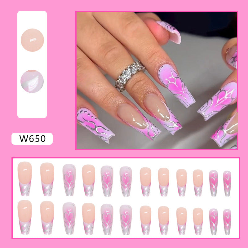 Popular Ballet-Inspired Long French Nails with Heart Design