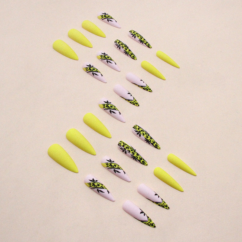 Popular Long Pointed Leopard Print Matte Yellow Nails Ins Style