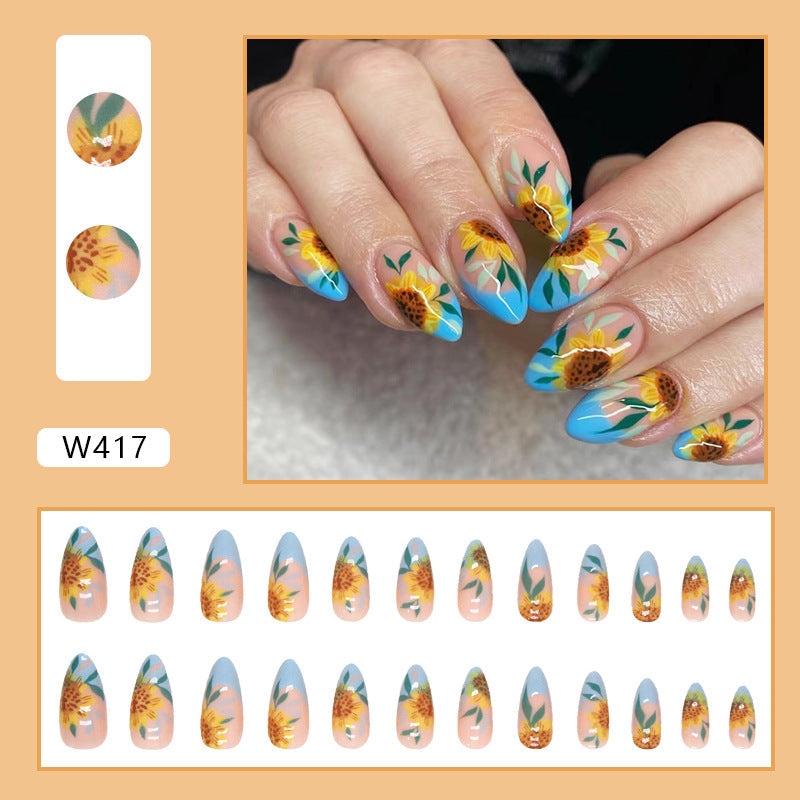 Popular Almond Shape Round Sunflower Nails, Sweet and Edgy, Summer New Arrival-Homeunderwear