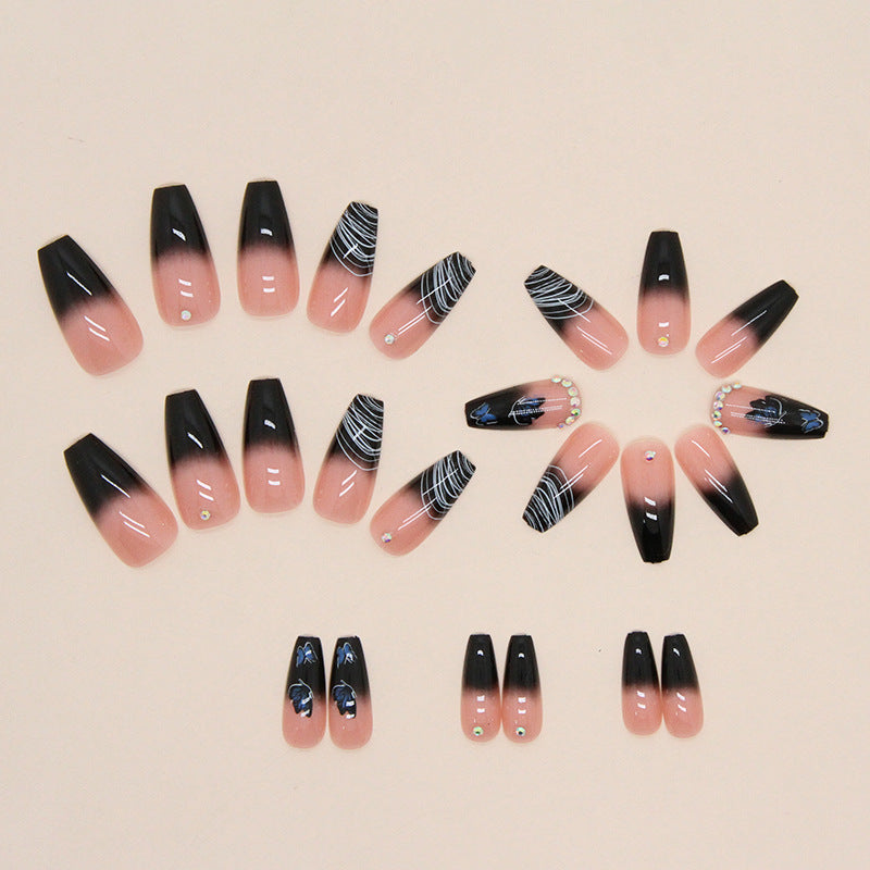 Popular Black Gradient Medium-Length Ballet Nails, Mysterious Butterfly Design