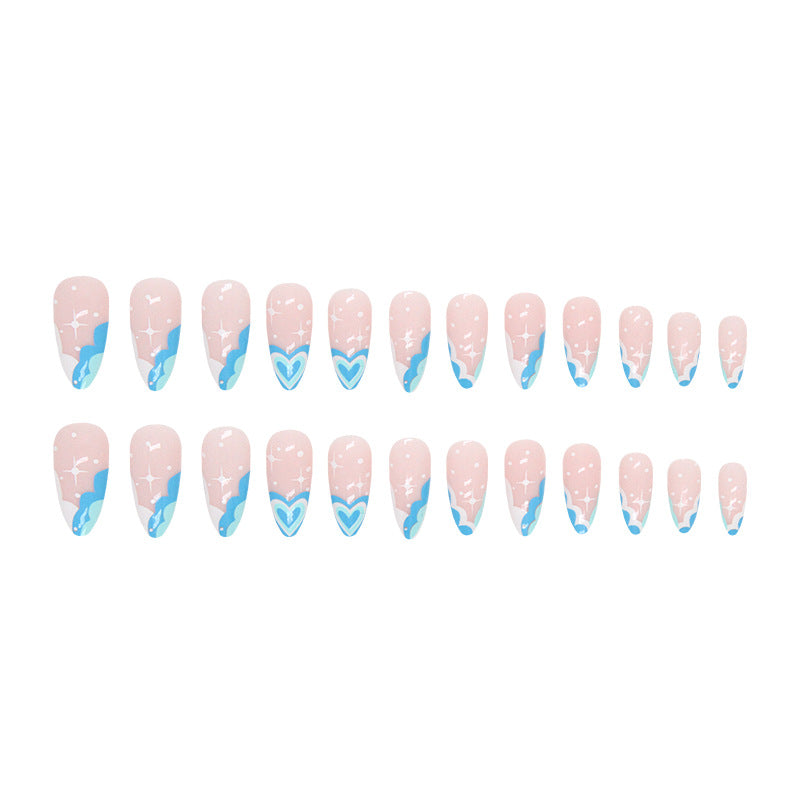 Popular Cool Summer Lake Blue Heart French Almond Nails Ins-Style