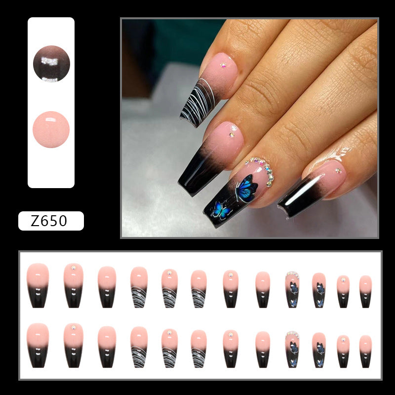 Popular Black Gradient Medium-Length Ballet Nails, Mysterious Butterfly Design