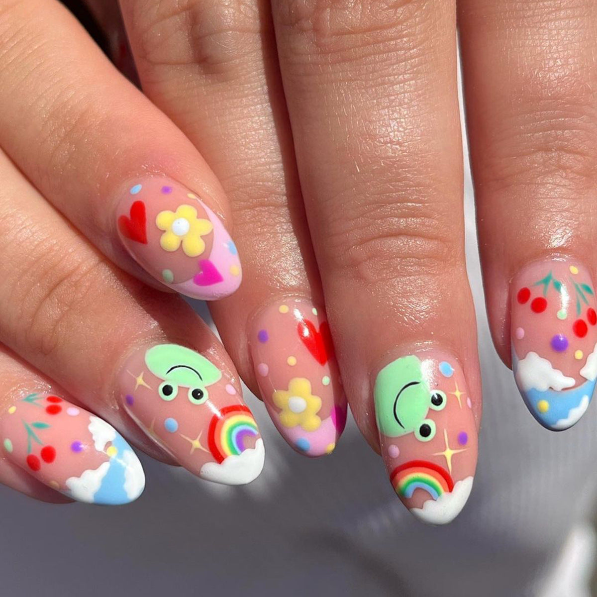 Popular Rustic Rainbow Cherry Heart Cloud False Nails