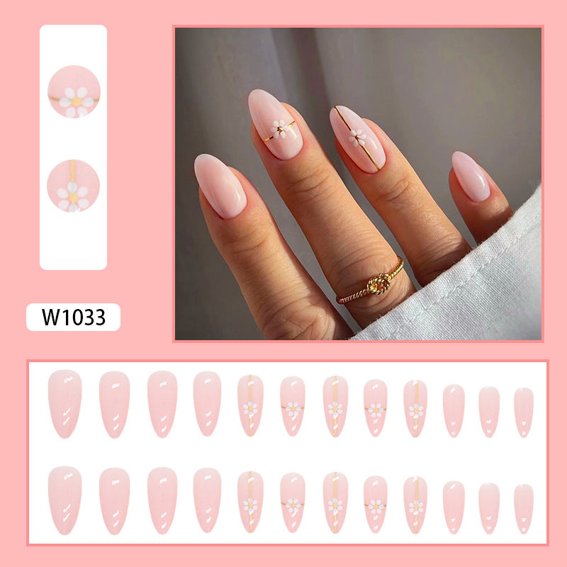 Popular Simple Gold Line Flower Nails Round Almond Pink Sweet 24 Pieces